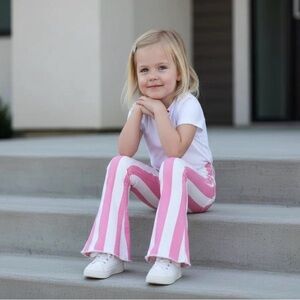 Girls Pink Striped Bell Bottom Jeans - Retro Flare Pants